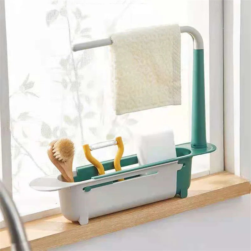 Telescopic Sink Shelf — Adjustable Kitchen Organiser with Soap & Sponge Holder