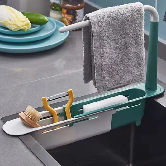Telescopic Sink Shelf — Adjustable Kitchen Organiser with Soap & Sponge Holder