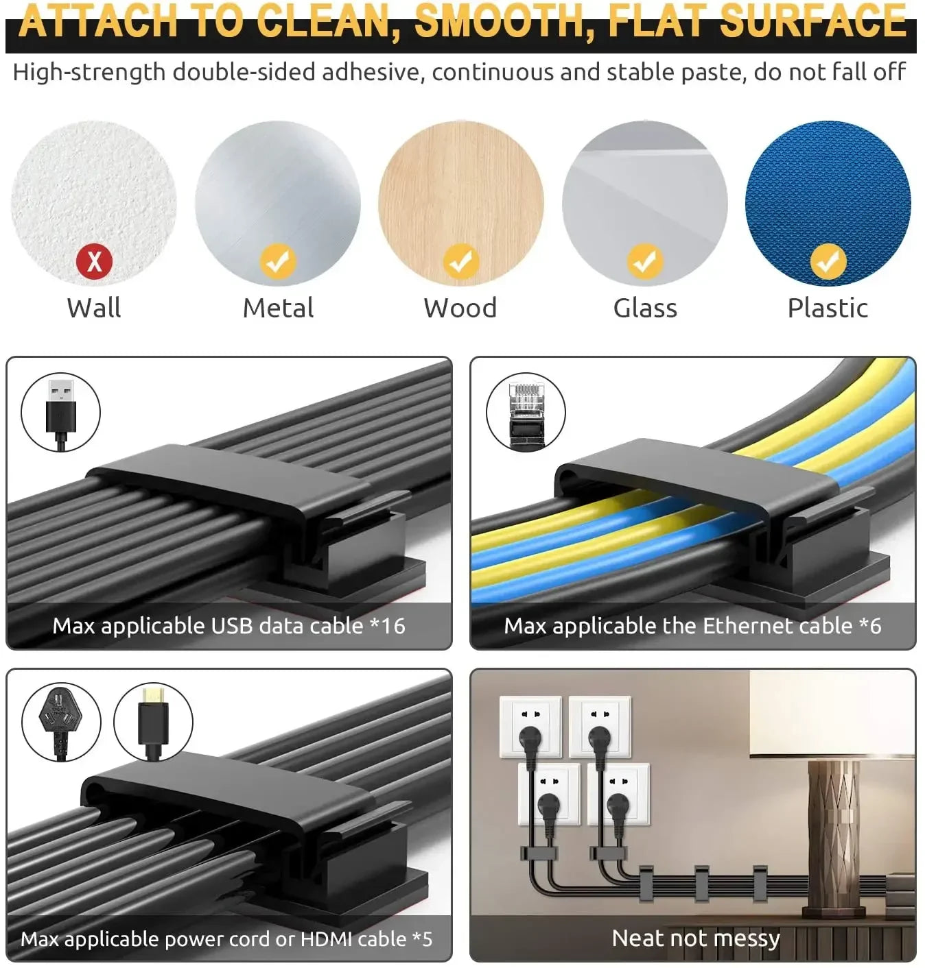 Self-Adhesive Cable Clips — Cord Management Wire Holder for Home, Office & Car